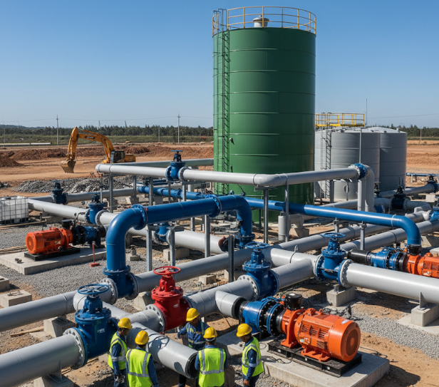 Industrial-grade pumps and piping systems in a clean facility.